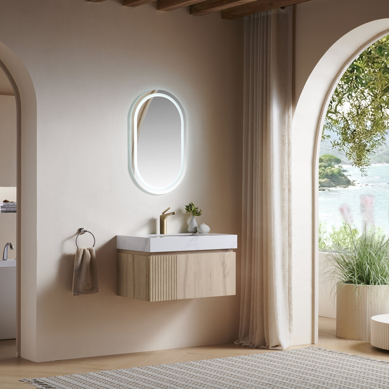 Meuble-lavabo simple en contreplaqué et en bois massif, 30", Blanc de Carrare, Chêne blanc