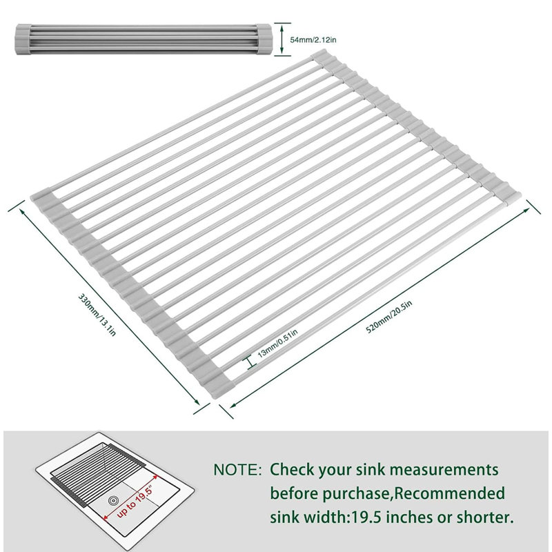Multipurpose Over-Sink Roll-Up Dish Drying Rack | Colander & Trivet | Dark Grey (10DG), Grey