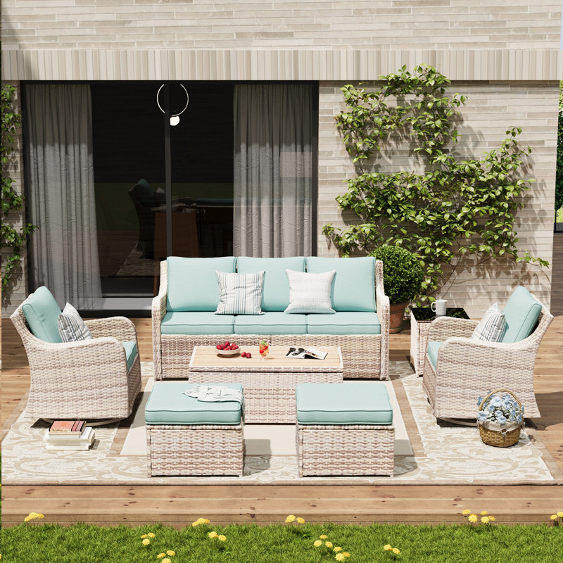 Meissalivve 7 Pieces Patio Furniture Set With Swivel Chair, Outdoor Patio Conversation Set, Patio Sectional Furniture Set With 2 Swivel Rocker Patio Chair And Sofa, 2 Ottomans And Coffee Table (Sky Blue)