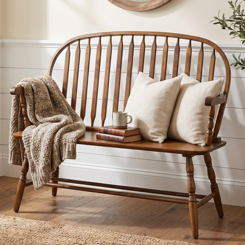 Classic Brown 44" Farmhouse Bench with Durable Rubberwood Frame