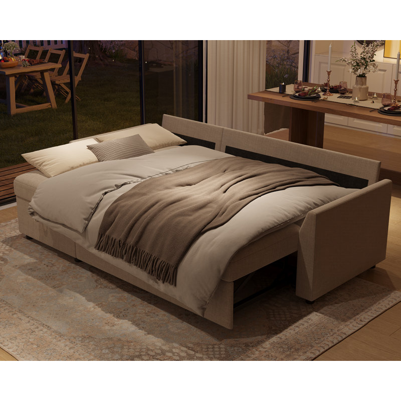 Sleeper Sectional Sofa with Pull-out Bed and Storage Chaise, Linen Blend Beige Upholstery – For Living Room, Beige Linen