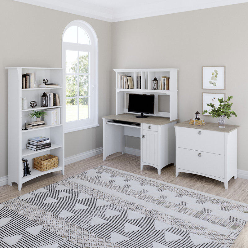Khadesha 4 Piece Computer Desk Office Set, Shiplap Gray/Pure White