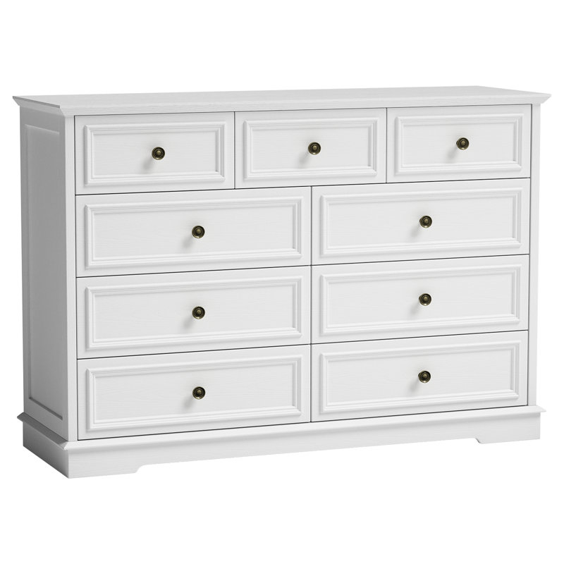 Valera 9-Drawer Dresser, Vintage Wide Storage Chest With Antique Bronze Handles, White