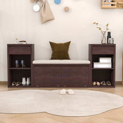 Entryway Storage Bench with Cushioned Seat, Flip-Down Compartments, 2 Drawers and Adjustable Open Side Shelves