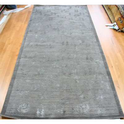 Tapis gris noué à la main de conception unique 4 pi 2 po x 9 pi 4 po
