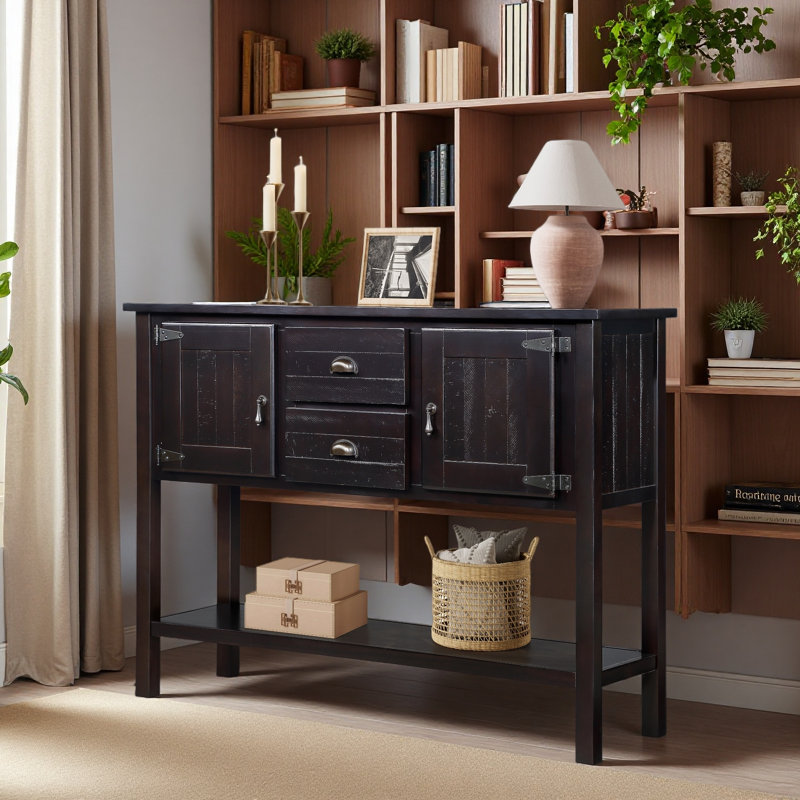 Console 48 po en bois massif avec 2 tiroirs, armoires et tablette inférieure