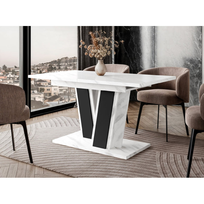 Extendable Oak Metal Base Dining Table, Bianco Marble/Black, Bianco Marble