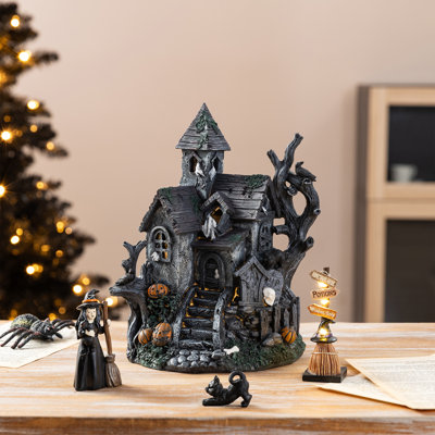 4-Piece Halloween Lighted Resin Haunted House Set with Timer