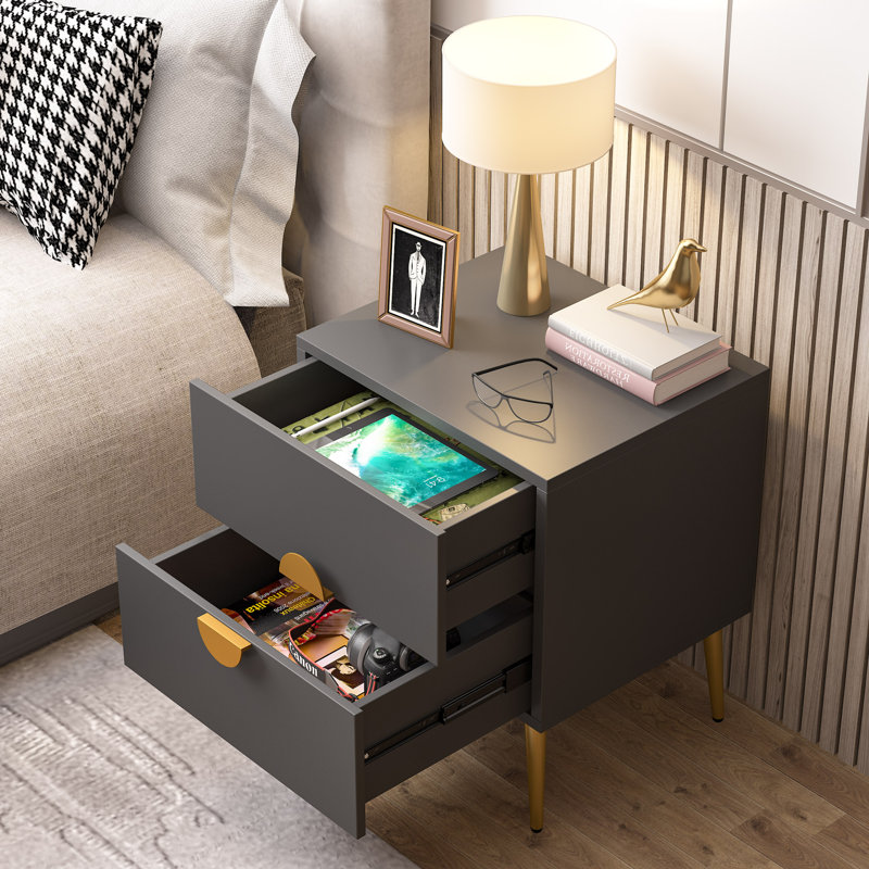 Palmere Nightstand with 2 Drawers for Bedroom, Dark Grey, Dark Gray/Gold, Individual