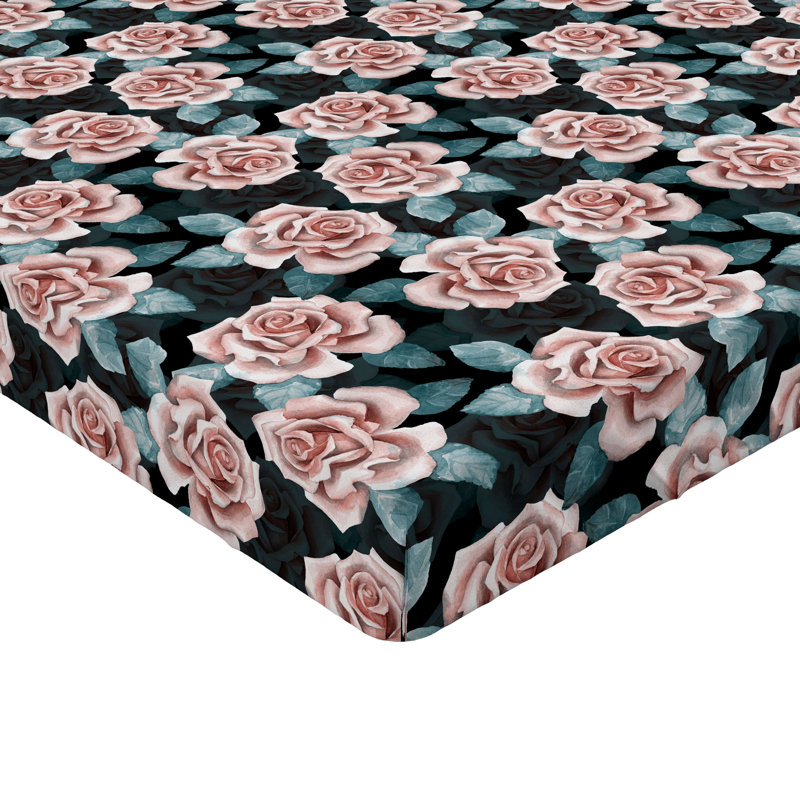 Drap-housse Ambesonne, Bleu sarcelle foncé / motif floral rosé, Drap-housse simple TG