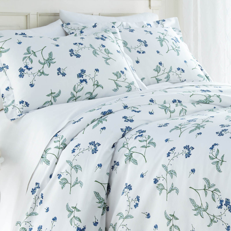 Southshore Fine Linens Myosotis Scorpiodes Duvet Cover Set in Green, 100% Cotton 300 Thread Count Sateen Bedding with Floral Print, 1 Duvet Cover and 1 Pillow Sham, Twin / Twin XL