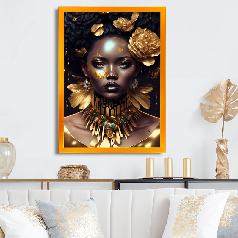 Art floral doré et noir femme VI - Art mural afro-américain, H 32 po x l 24 po x P 1 po, Impression sur dorée toile encadrée