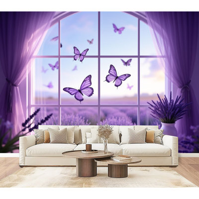 Papier peint autocollant 244 cm (96 po) x 175 cm (69 po) – Papier peint mural moderne autocollant pour chambre à  coucher : « Papillons violets près d’une fenêtre en arc, champ de lavande, tons pastel de rêve » par Arched Window