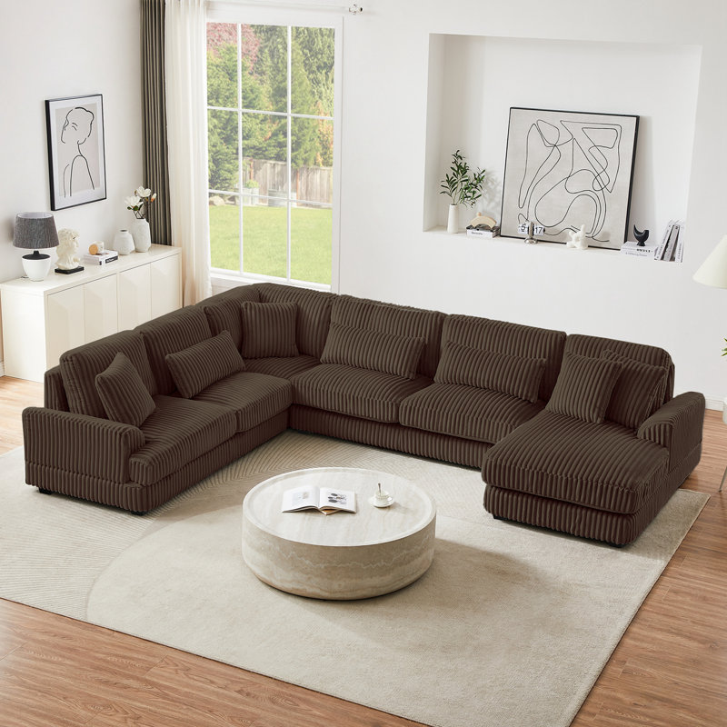 Canapé modulaire en U en velours côtelé avec méridienne, Brun