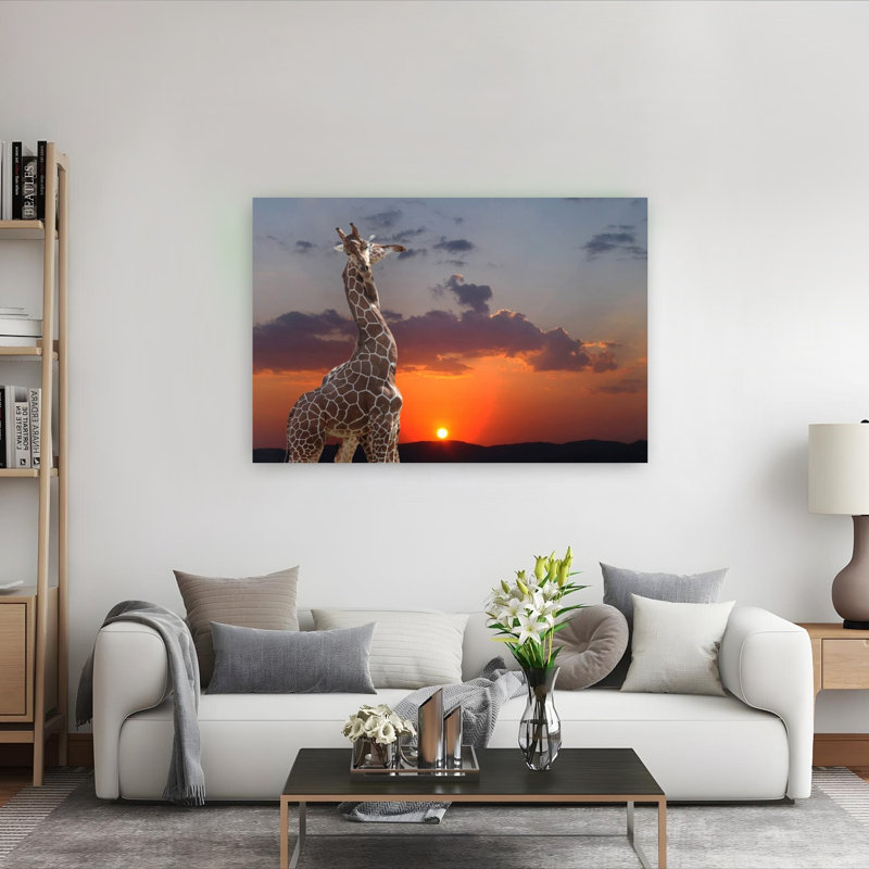 Two Giraffes Sunset Sky Dramatic Peaceful Romantic Giraffe Landscape Nature Wall Art Print 1 Piece Wrapped Canvas Wall Art