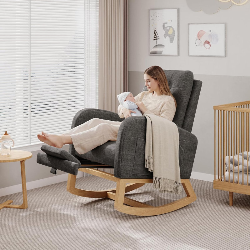 Chaise berçante pour chambre de bébé, fauteuil coulissant en lin avec repose-pieds, dossier haut pour chambre à coucher, gris foncé