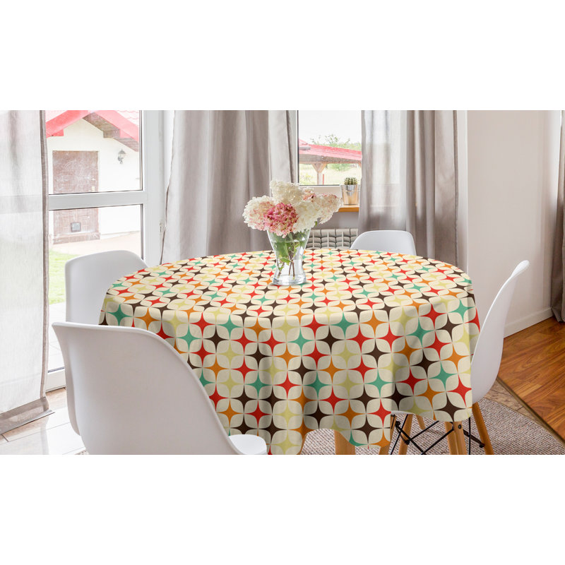 Ambesonne Yellow And Brown Round Tablecloth, Retro-Themed Geometric With Colorful Stars, Circle Table Cloth Cover For Dining Room Kitchen Decoration, 60", Orange Champagne