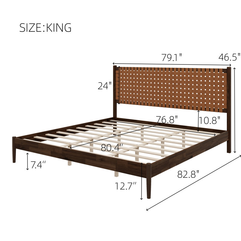 Lit plateforme en bois d'acacia, format king, avec tête de lit en cuir végétalien tissé à la main, style moderne du milieu du siècle, brun foncé