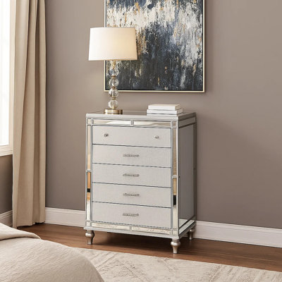 Commode haute Bailey, garniture de miroir et 5 tiroirs, bois argenté