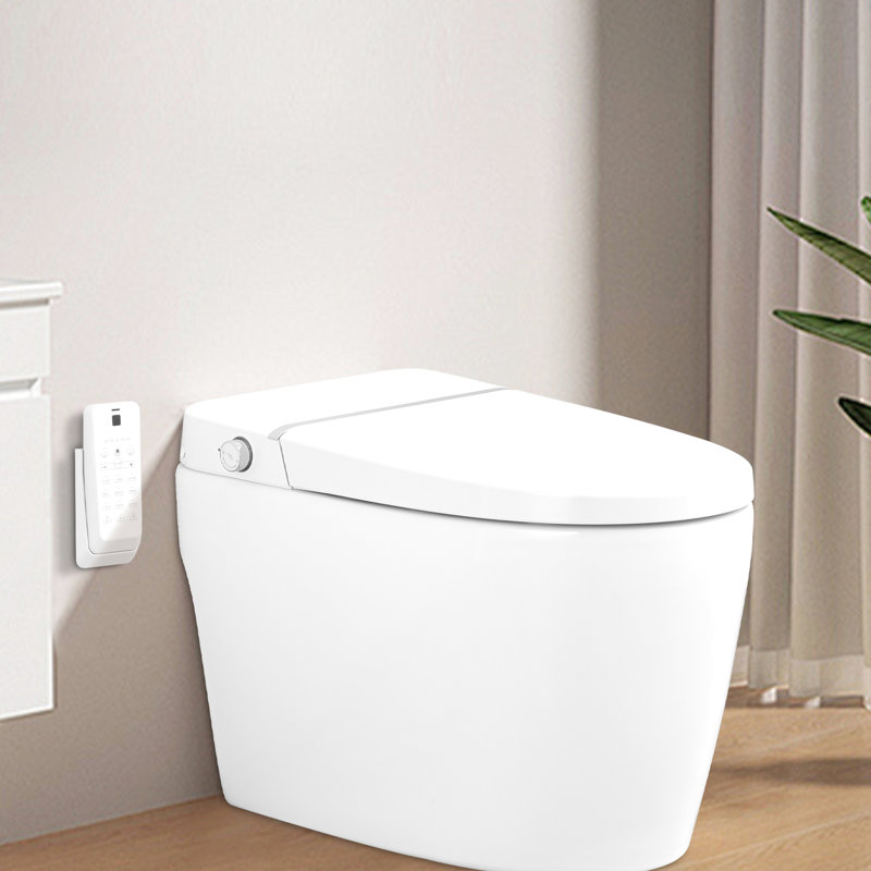 Bidet de toilette intelligent avec couvercle ouvert avec capteur de pied, siège chauffant, nuit, lavage à la balançoire, ralentissement silencieux, buse autonettoyante blanche à chasse automatique, chasse d'eau à bouton latéral arrière,
