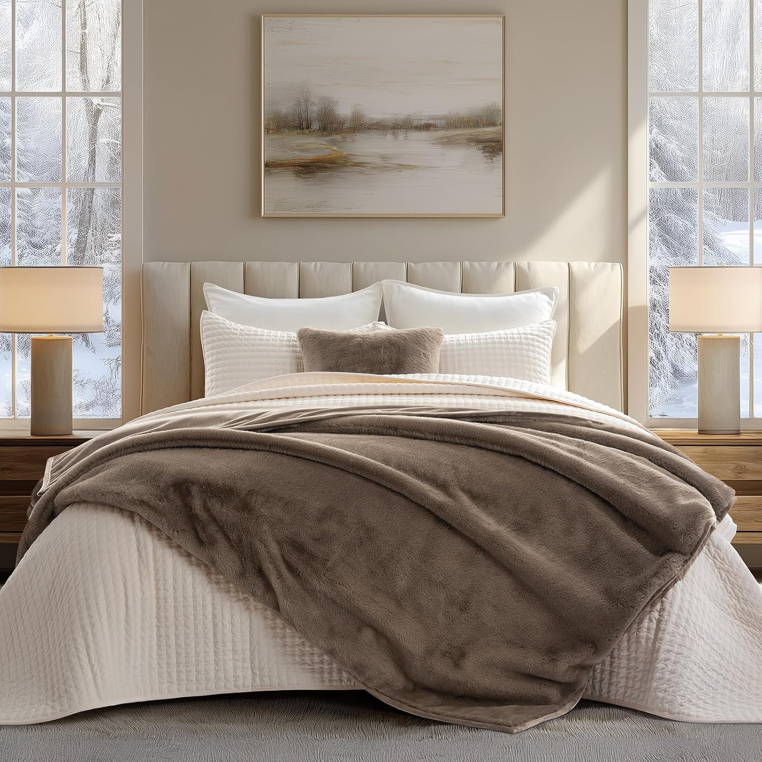 Luxury Mink Faux Fur Throw Blanket, 50" W x 60" L, Natural Tan