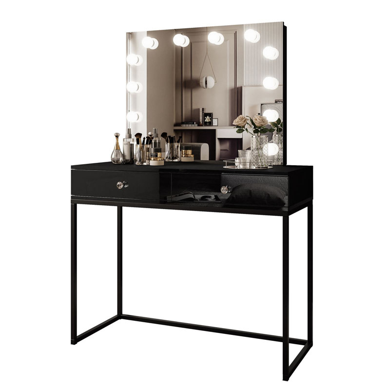 Anashima Dressing Table with Mirror, Black/Black high gloss/White crystal
