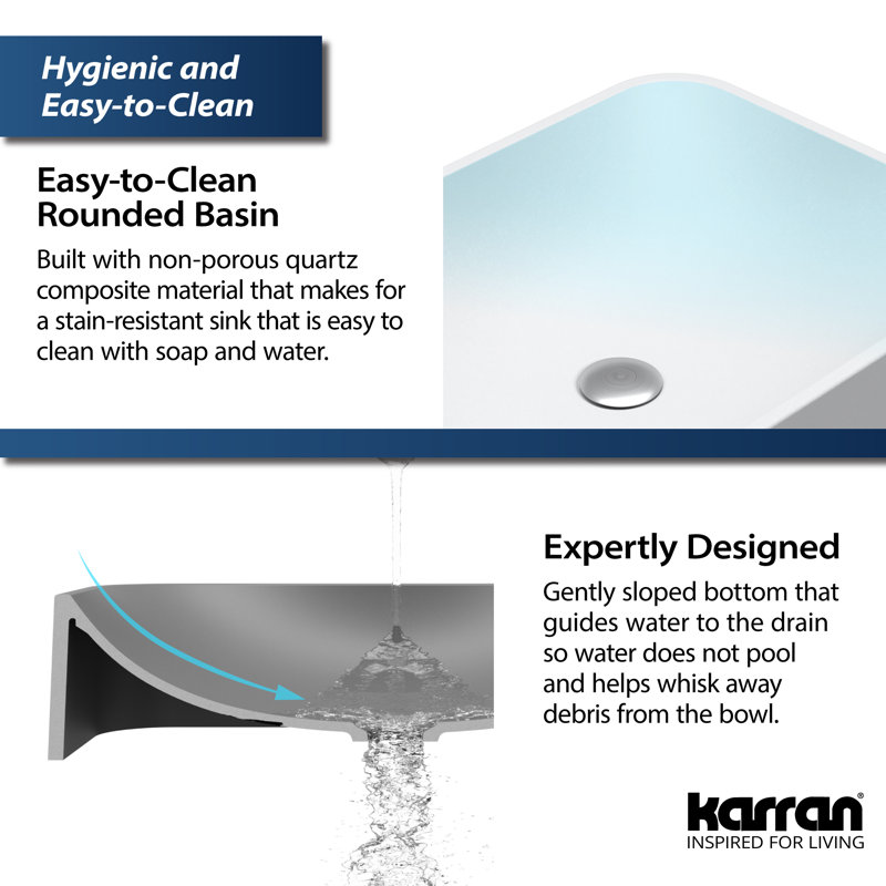 Crête de mer Karran 22 po Lavabo vasque rectangulaire en quartz, gris