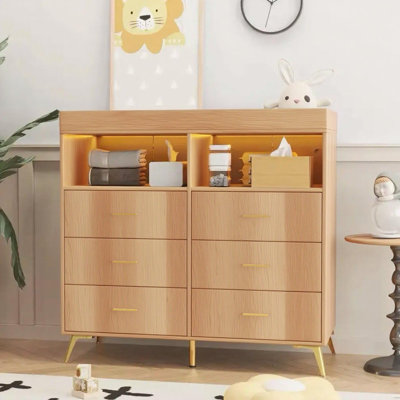 Modern Baby Changing Table Dresser – 6 Drawers, LED Lights, Power Outlet, Open Shelves, Charging Station – Multi-Functional Nursery Diaper Changing St