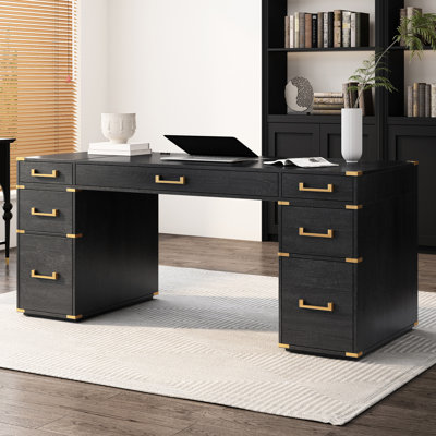 Bureau classique 70 po avec bordure en métal, 7 tiroirs, bord de prises de courant, 2 classeurs, 5 tiroirs supérieurs pour le bureau personnel