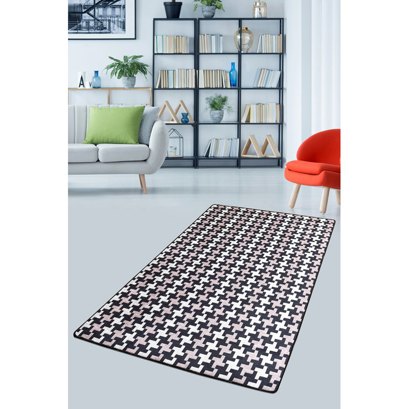 Stylish Hall Carpet (31.5 x 59.1 inches), Black, Pink & White | 100% Polyester, Total Thickness: 0.4 inches | Antibacterial, Non-Slip Underside, Machine Washable | Perfect for Entryways & Living Rooms