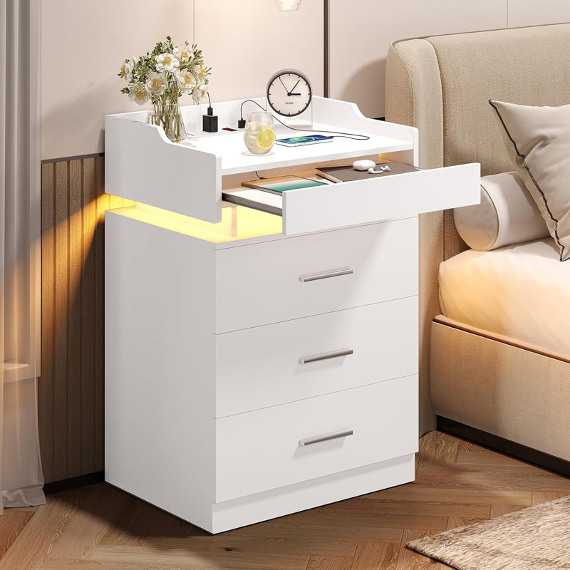 Ensemble de 2 tables de chevet à DEL, grande table de chevet avec station de charge, table de chevet avec tablette coulissante et 3 tiroirs, table d'appoint moderne avec rangement