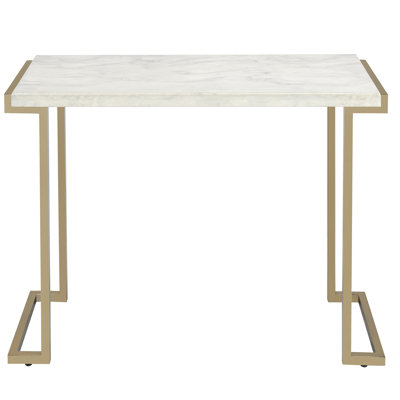 Élégante table rectangulaire, blanche et champagne, avec des pieds en métal à surface en faux marbre pour le décor contemporain or, plateau