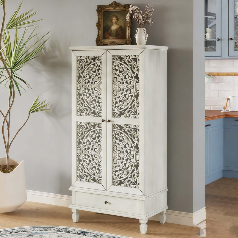 Armoire d'appoint en bois avec tiroir pour un usage domestique polyvalent, Blanc / gris antique