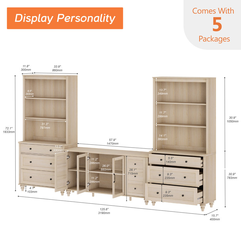 Entertainment Center With Bookshelves With Glass Doors& Drawer, Farmhouse Wall Unit TV Stand For Tvs Up To 65", Media Console Table For Living Room, Bedroom & Home Theater, Light Beige