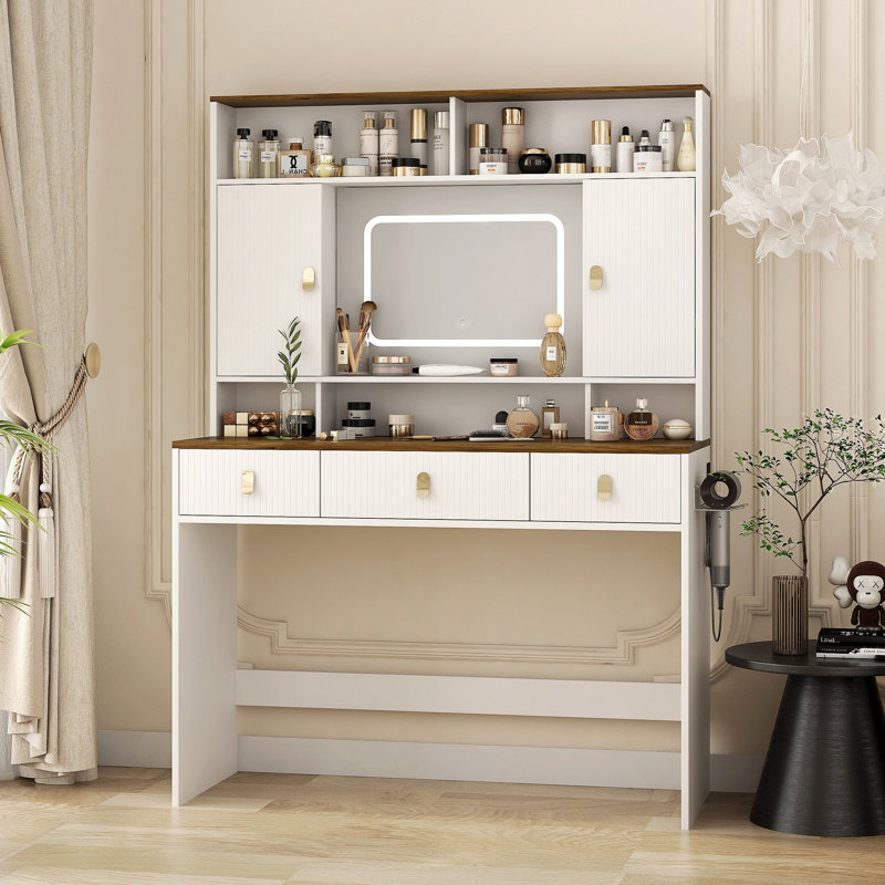 Table de maquillage Farmhouse, coiffeuse de 43 po de large avec miroir éclairé et tiroir de maquillage, grande coiffeuse moderne avec porte-séchoir pour chambre à coucher, blanc
