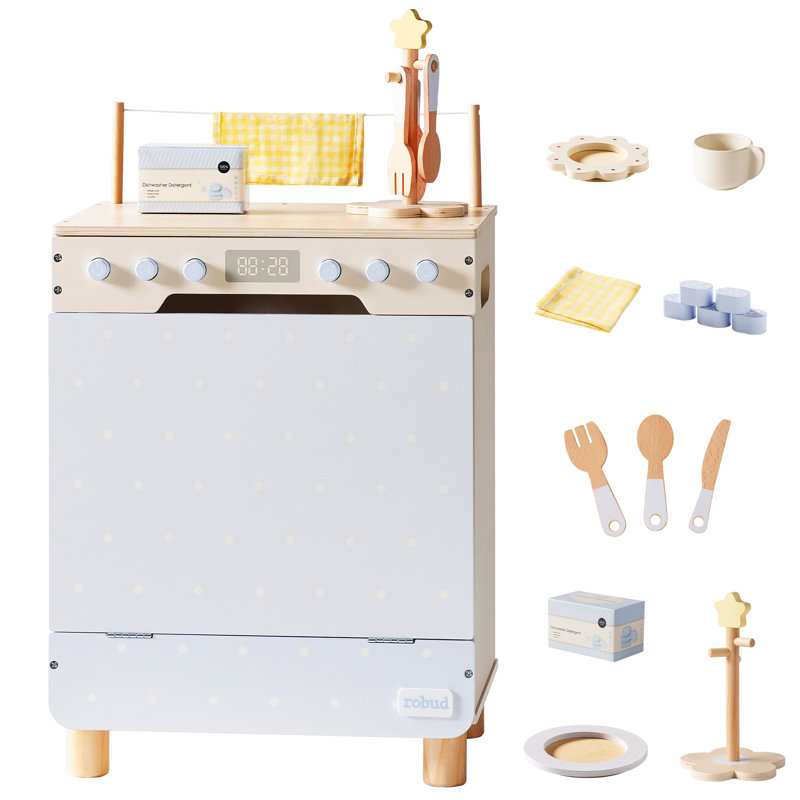 Toy Dishwasher Wooden Kitchen Toy for Kids Ages 3+, Realistic Dishwashing Playset with Dishes & Accessories, Interactive Cleaning Role Play for Play Kitchen