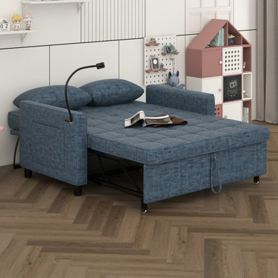 Pull-Out Sleeper Sofa Bed With Reversible Backrest, Side Pockets And Two Throw Pillows, Chenille Loveseat With USB Ports & Phone Holder
