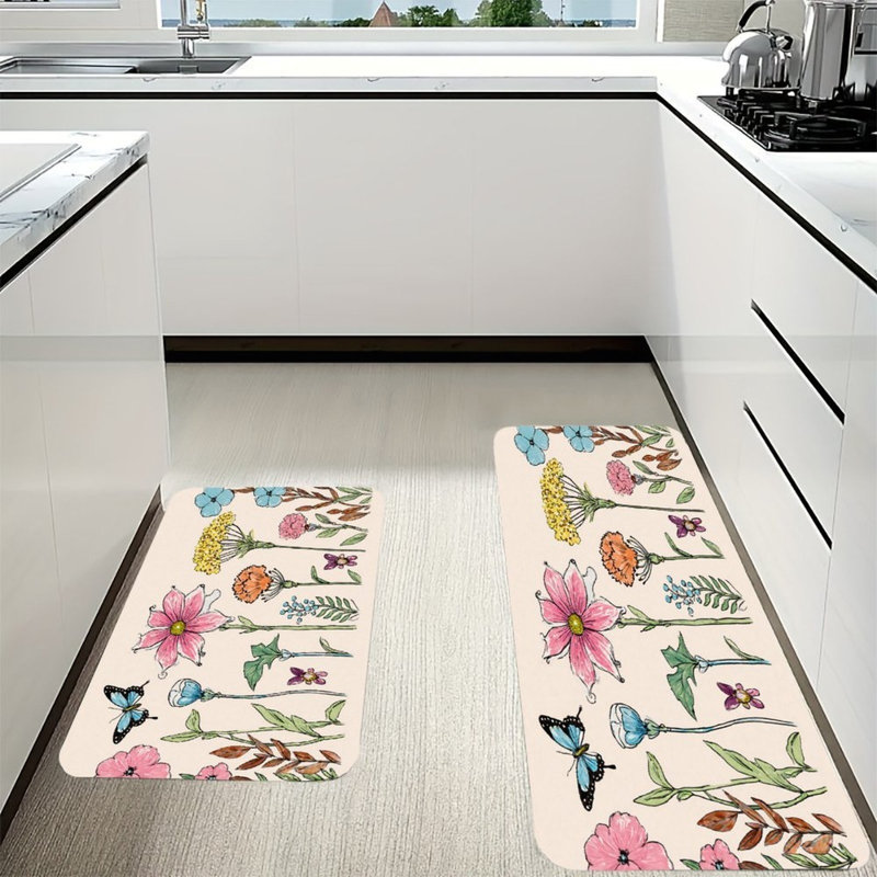 Pink & Blue Floral, 2 Pcs Non Slip Kitchen Mats, Pink/Beige Floral