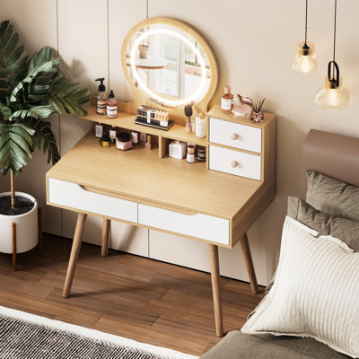Classy Dressing Table With 4 Drawers And 3 Open Shelves For Bedroom Stylish Solid Wooden Frame