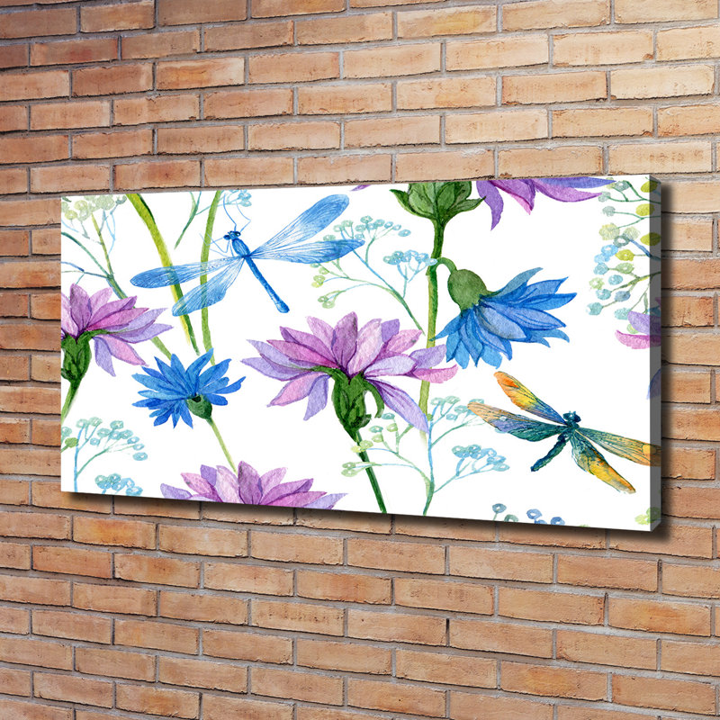 Flowers And Dragonflies - Wrapped Canvas Print