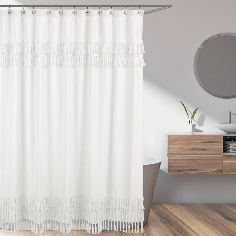 White Cotton Bohemian Shower Curtain with Tassel Trim