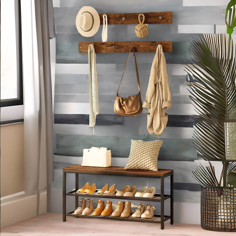 10 Pair Shoe Rack With 2 Wall Shelf Brackets Industrial Rustic Brown Hallway Entryway Furniture