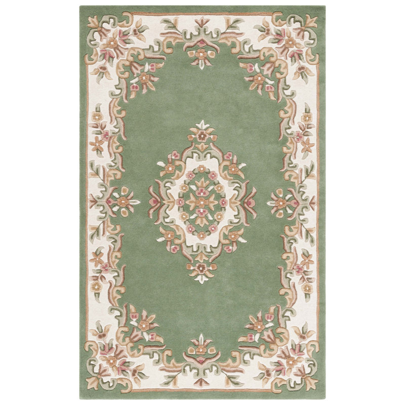 Stender Hand Tufted Wool/Cotton Floral Rug in Ivory/Green, Rectangle 5' x 8'