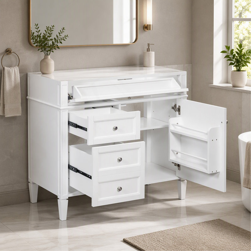 Meuble-lavabo de salle de bain de 91 cm (36 po) sans comptoir, meuble de rangement moderne en bois massif avec 2 tiroirs et un tiroir basculant (lavabo et comptoir non inclus)