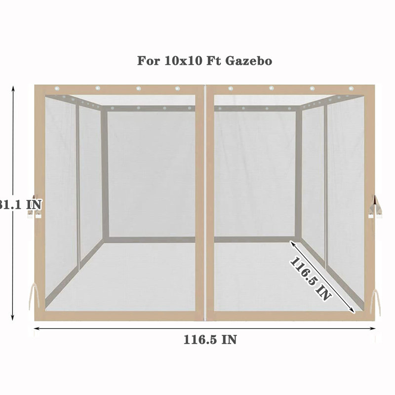 Filet de pavillon de jardin 10 pi x 10 pi, beige avec fermetures à glissière, l 116,5 po de profondeur, 81,1 po de hauteur, attaché par des anneaux à pression et des sangles de fixation sécurisées