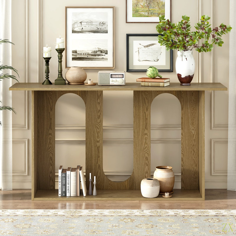 Modern And Curved Design Ash Veneer Console Table With Shelf,Suitable For Entryway,Hallway Living Room,Foyer,Corridor