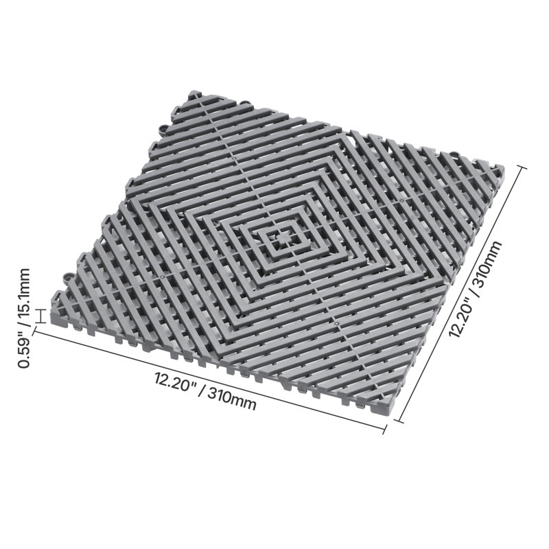 Interlocking Drainage Mat, Modular Interlocking Cushion Durable PP, 12" L x 12" W, Gray