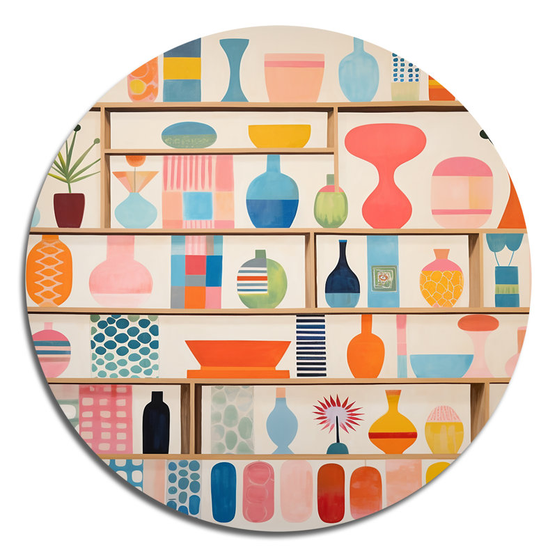 Motif ludique rose Mid Century IV - décor abstrait rond en métal, H 36 po x l 36 po