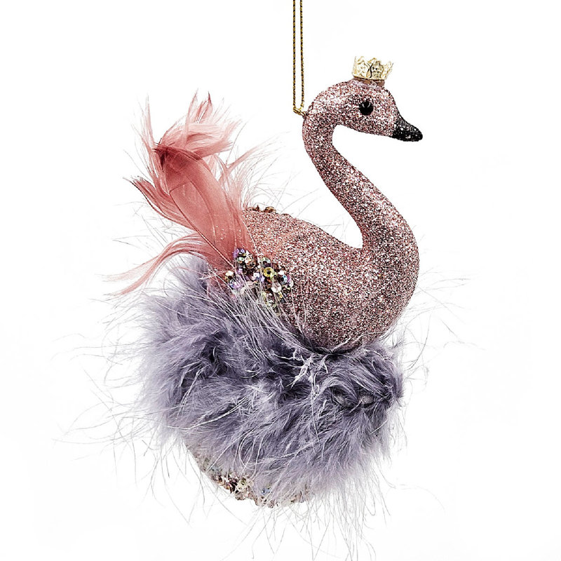 Set of 6 Pink and Blue Feathered Plastic Swan Ornaments