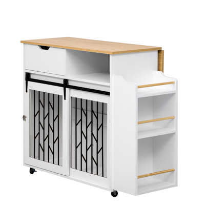 Pet Furniture: Dog Crate Kitchen Island End Table With Metal Hardware, Drawer, Open , And Geometric Sliding Doors, 42.64 Inches Deep Side Shelves, Han
